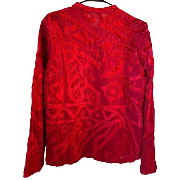 Chico's Velvet Sheer Geometric mandarin collar red blouse top button down size s - Picture 5 of 11